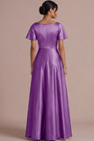 A Line Ivory Satin Square Neck Long Wedding Reception Dress with Short Sleeves