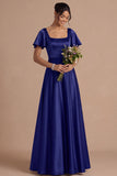A Line Ivory Satin Square Neck Long Wedding Reception Dress with Short Sleeves