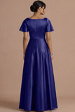 A Line Ivory Satin Square Neck Long Wedding Reception Dress with Short Sleeves