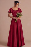 A Line Ivory Satin Square Neck Long Wedding Reception Dress with Short Sleeves