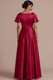 A Line Ivory Satin Square Neck Long Wedding Reception Dress with Short Sleeves