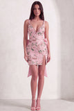 Pink Sparkly Floral Sequin Beaded Bodycon V-Neck Short Cocktail Dress with Slit