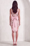 Pink Sparkly Floral Sequin Beaded Bodycon V-Neck Short Cocktail Dress with Slit
