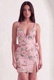 Pink Sparkly Floral Sequin Beaded Bodycon V-Neck Short Cocktail Dress with Slit