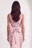 Pink Sparkly Floral Sequin Beaded Bodycon V-Neck Short Cocktail Dress with Slit