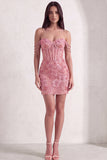 Pink Floral Sparkly Beaded Corset Short Cocktail Dress