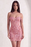 Pink Floral Sparkly Beaded Corset Short Cocktail Dress