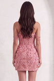 Pink Floral Sparkly Beaded Corset Short Cocktail Dress