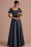 A Line Ivory Satin Square Neck Long Wedding Reception Dress with Short Sleeves