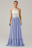 Eucalyptus A-Line Halter Pleated Keyhole Chiffon Bridesmaid Dress With Lace