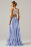 Eucalyptus A-Line Halter Pleated Keyhole Chiffon Bridesmaid Dress With Lace