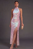 Sparkly Black Mermaid High Neck Sequins Long Formal Dress with Slit