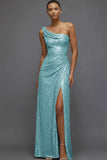 Sparkly Champagne Sequin One Shoulder Ruched Long Prom Dress with Slit