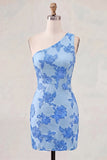 Yellow Floral Bodycon One Shoulder Short Cocktail Party Dress