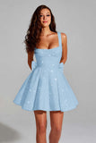 Sparkly Ivory A Line Square Neck Sequin Little White Dress with Bow