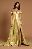 Golden A Line Ruffled Metallic Maxi Prom Dress with Slit