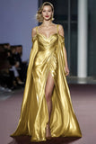 Golden Metallic Cold Shoulder Long Gala Dress with Slit