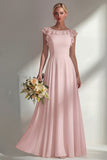 A Line Round Neck Ruffled Dusty Blue Long Bridesmaid Dress