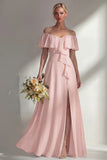 A Line Burgundy Ruffed Off the Shoulder Long Bridesmaid Dress with Slit