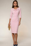Navy Bodycon Cowl Neck Long Sleeves Midi Work Dress