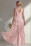 Sea Glass V Neck Ruffled Sleeveless Long Bridesmaid Dress