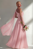 Burgundy One Shoulder Backless Ruched Long Bridesmaid Dress with Slit