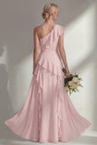 Light Pink One Shoulder Ruffled Long Bridesmaid Dress with Slit