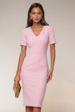 Navy Bodycon V Neck Short Sleeves Midi Work Dress