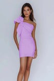 White Satin One Shoulder Mini Bodycon Graduation Dress with Bow