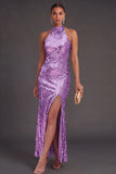 Sparkly Black Mermaid High Neck Sequins Long Formal Dress with Slit