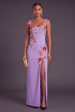 Black Floral Sheath Thick Straps Long Wedding Guest Dress with Slit
