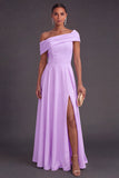 Yellow Off the Shoulder A Line Long Wedding Guest Dress with Slit
