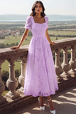 White Lace Square Neck Long Wedding Reception Dress with Sleeves