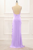 Lilac Sheath Spaghetti Straps Long Bridesmaid Dress with Ruffles
