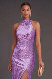 Sparkly Black Mermaid High Neck Sequins Long Formal Dress with Slit