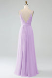 A-Line Pleated Spaghetti Straps Chiffon Bridesmaid Dress With Slit