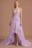 Yellow Floral Appliqued Corset A Line High Low Prom Dress