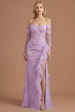 Yellow Floral Appliqued Off the Shoulder Ruffled Long Prom Dress with Slit