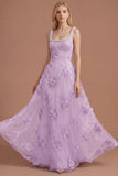 Sparkly Beaded Yellow A Line Square Neck Floral Appliqued Long Prom Dress