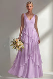 Sea Glass V Neck Ruffled Sleeveless Long Bridesmaid Dress
