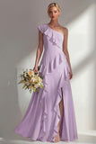 Emerald A Line Ruffled One Shoulder Long Bridesmaid Dress with Slit