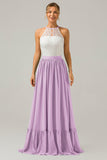 Ivory A-Line Halter Pleated Keyhole Chiffon Bridesmaid Dress With Lace
