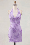 Light Blue Floral Bodycon Halter Neck Short Cocktail Party Dress