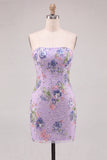 Sparkly Floral Pink Sequin Bodycon Short Cocktail Dress with Beading