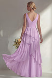 Sea Glass V Neck Ruffled Sleeveless Long Bridesmaid Dress