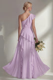 Light Pink One Shoulder Ruffled Long Bridesmaid Dress with Slit