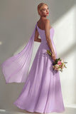 Burgundy One Shoulder Backless Ruched Long Bridesmaid Dress with Slit