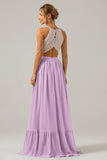 Ivory A-Line Halter Pleated Keyhole Chiffon Bridesmaid Dress With Lace