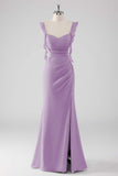 Dusty Blue Sheath Ruffled Maxi Bridesmaid Dress with Slit