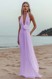 White Chiffon A Line V-Neck Long Rehearsal Dinner Dress